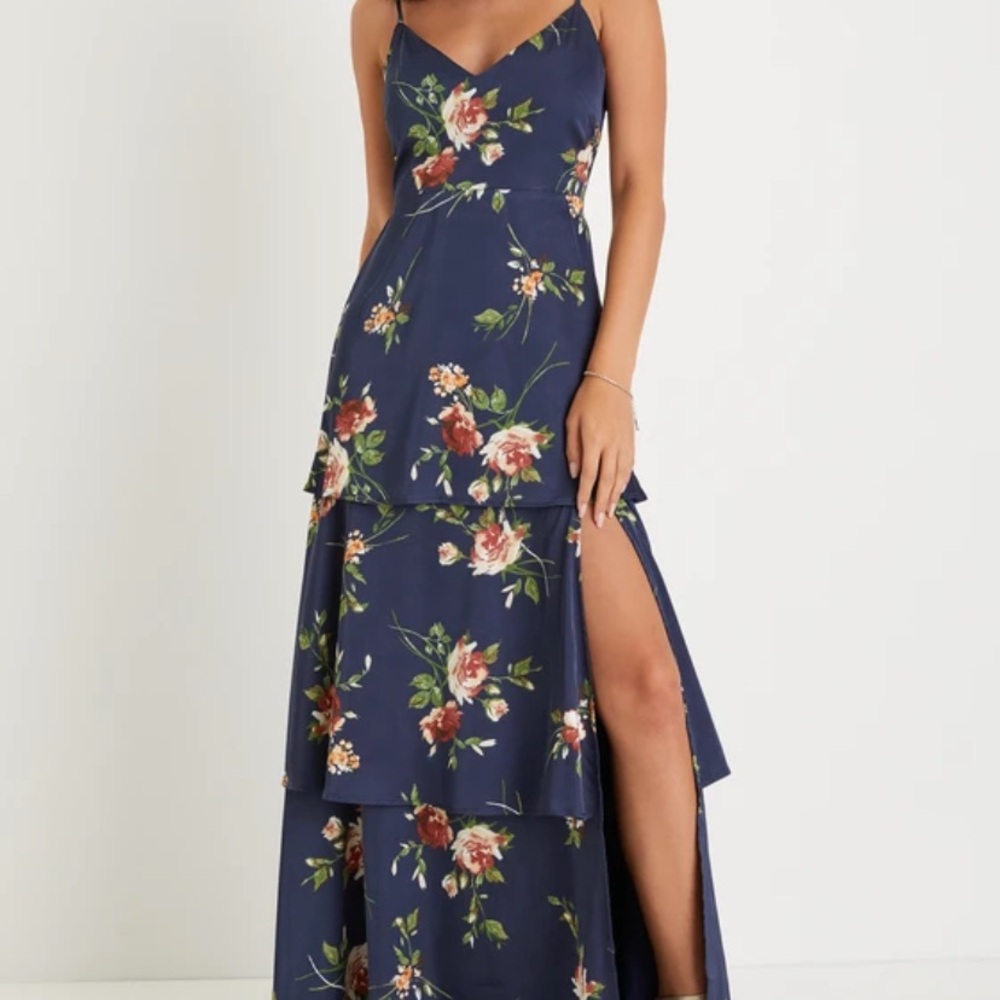 Endless Optimism Navy Blue Floral Print Satin Tiered Maxi Dress